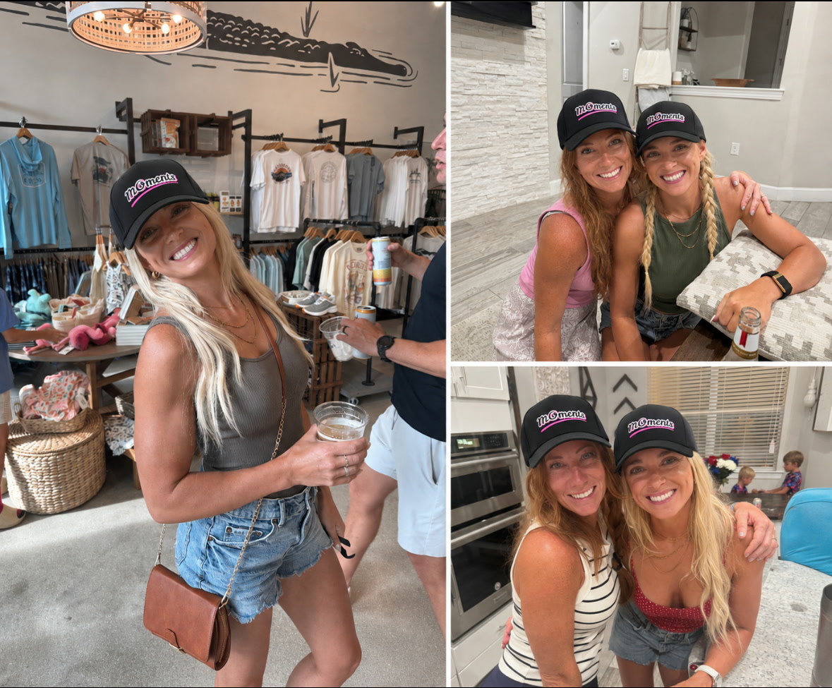Friends sharing MOments while wearing matching MOments hats